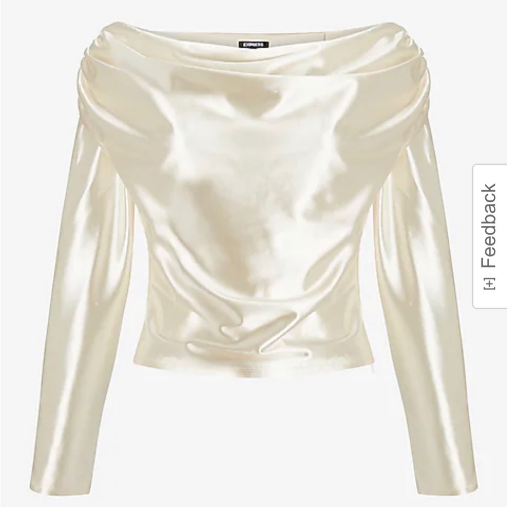 Express brand: Satin Draped Shoulder Top (Color: Swan)